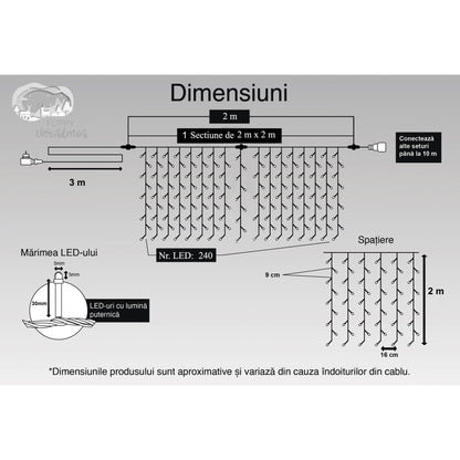 Instalatie Craciun, Tip Perdea, IP44, 2 m x 2 m, 240 LED-uri, Alb rece, 8 jocuri de lumini, Transformator cu telecomanda, Interconectabila, Prelungitor 3 m inclus, Fir transparent, Interior/ Exterior