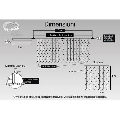 Instalatie Craciun, Tip Perdea, IP44, 2 m x 2 m, 240 LED-uri, Alb rece, 8 jocuri de lumini, Transformator cu telecomanda, Interconectabila, Prelungitor 3 m inclus, Fir transparent, Interior/ Exterior