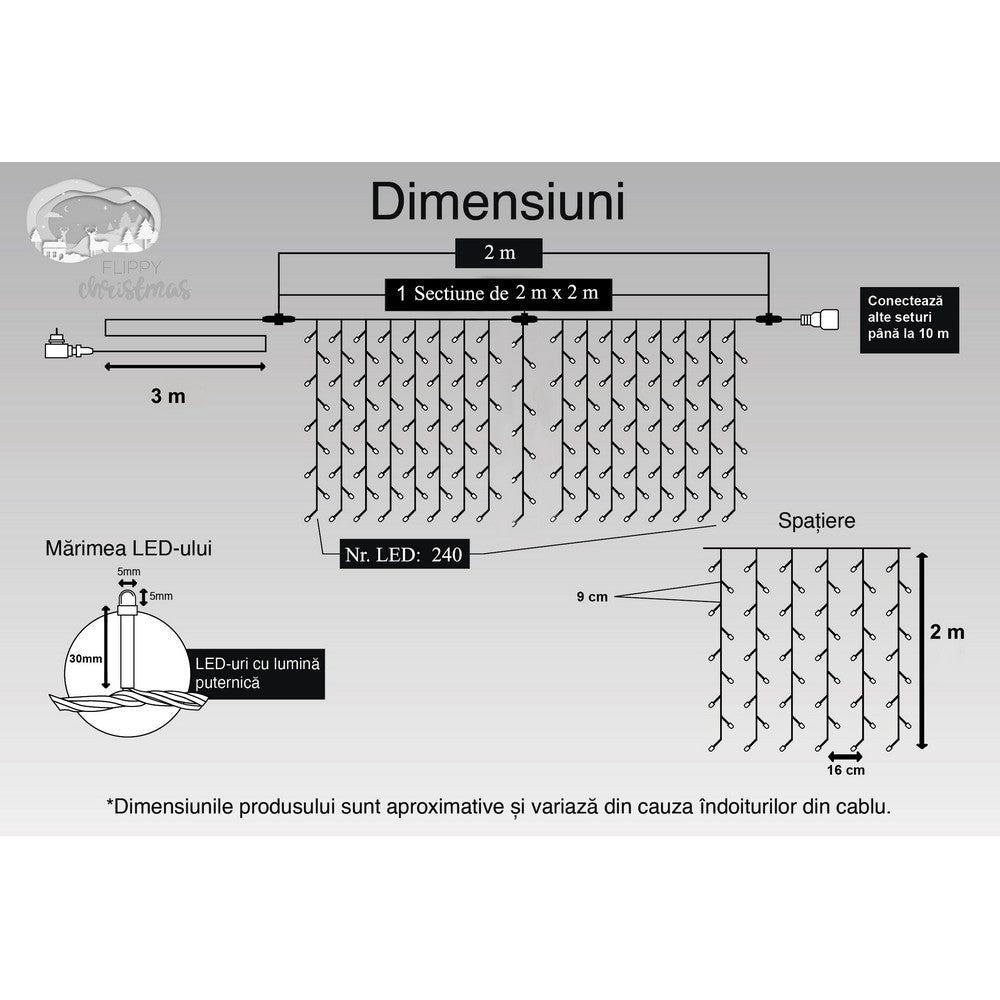 Instalatie Craciun, Tip Perdea, IP44, 2 m x 2 m, 240 LED-uri, Alb rece, 8 jocuri de lumini, Transformator, Interconectabila, Prelungitor 3 m inclus, Fir transparent, Interior/ Exterior