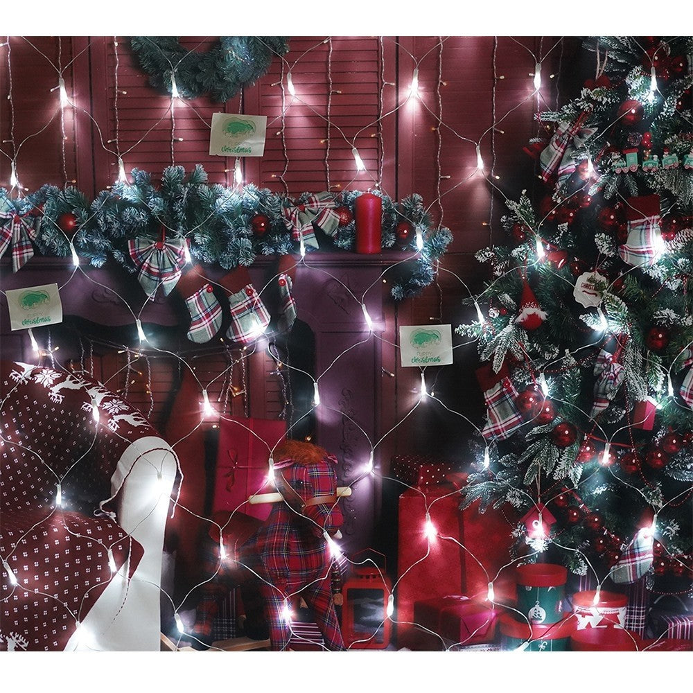 Instalatie Craciun, Tip Plasa, 1 m x 2 m, 80 LED-uri, Alb rece, 8 jocuri de lumini, Transformator cu telecomanda, Interconectabila, Prelungitor 3 m inclus, Fir transparent