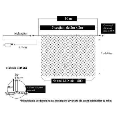Instalatie Craciun, Tip Plasa, 10 m x 2 m, 800 LED-uri, Alb rece, 8 jocuri de lumini, Transformator cu telecomanda, Interconectabila, Prelungitor 5 m inclus, Fir transparent