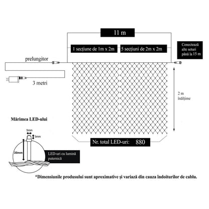 Instalatie Craciun, Tip Plasa, 10 m x 2 m, 800 LED-uri, Alb rece, 8 jocuri de lumini, Transformator, Interconectabila, Prelungitor 3 m inclus, Fir transparent
