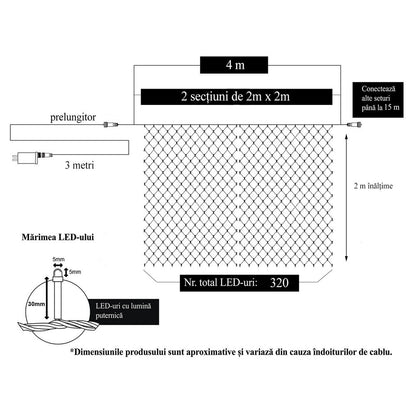 Instalatie Craciun, Tip Plasa, 3 m x 2 m, 240 LED-uri, Alb rece, 8 jocuri de lumini, Transformator cu telecomanda, Interconectabila, Prelungitor 3 m inclus, Fir transparent