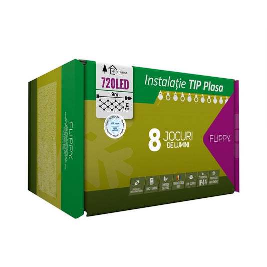 Instalatie Craciun, Tip Plasa, 9 m x 2 m, 720 LED-uri, Alb rece, 8 jocuri de lumini, Transformator, Interconectabila, Prelungitor 3 m inclus, Fir transparent