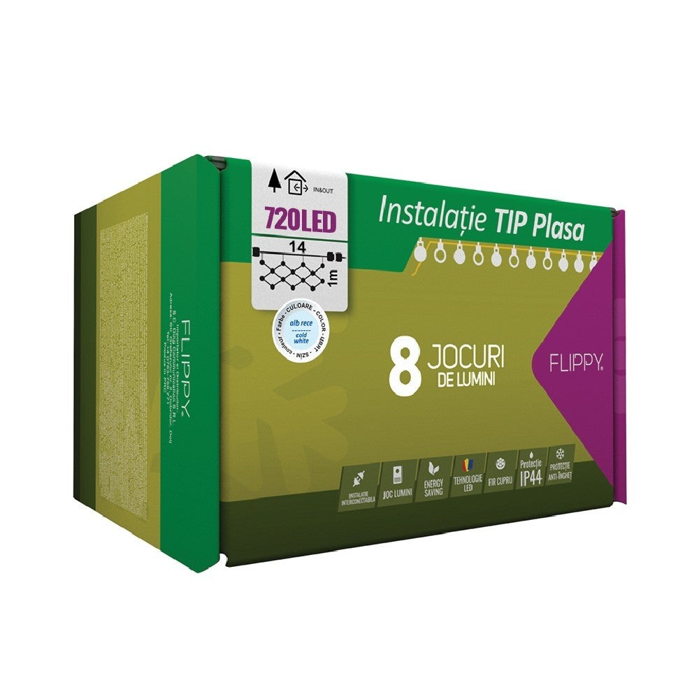 Instalatie Craciun, Tip Plasa, IP 44, 14 x 1 m, 720 LED-uri, Alb rece, 8 jocuri de lumini, Transformator fara telecomanda, Interconectabila, Prelungitor 5 m inclus, Fir transparent