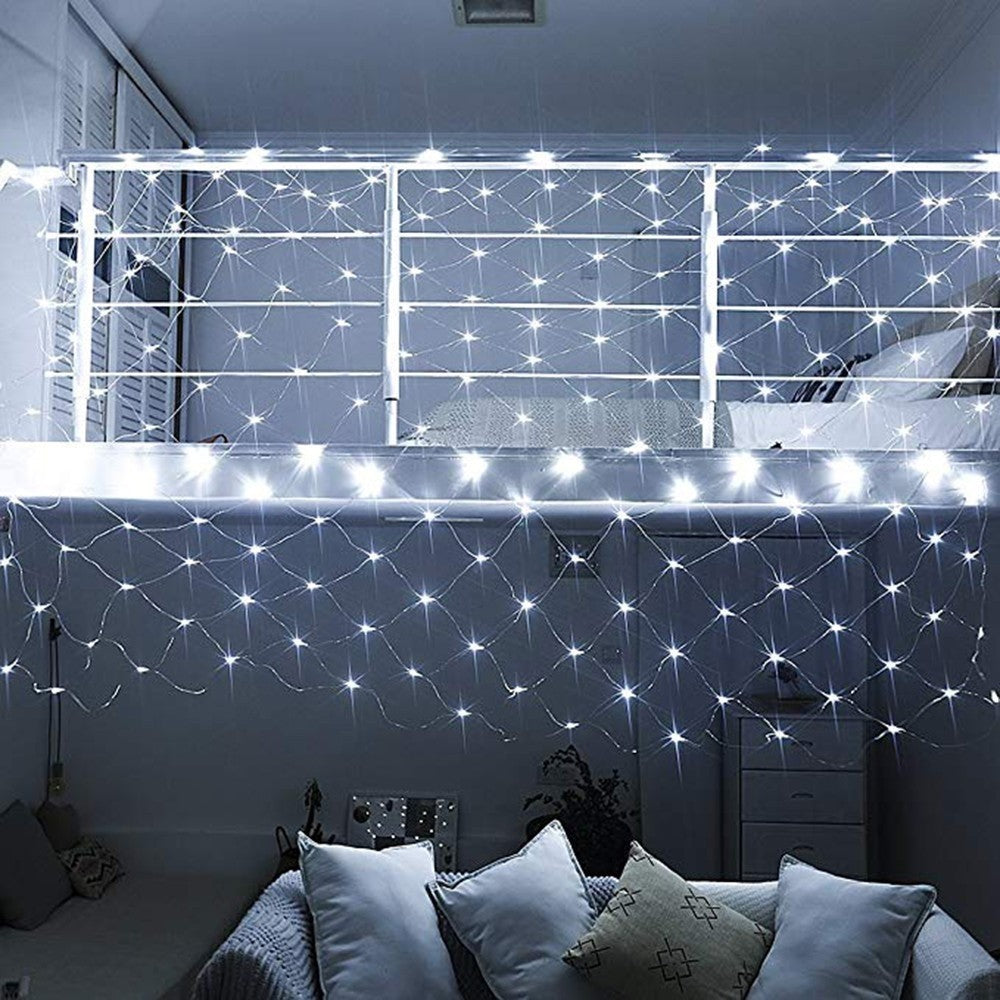 Instalatie Craciun, Tip Plasa, IP 44, 20 x 1 m, 1040 LED-uri, Alb rece, 8 jocuri de lumini, Transformator cu telecomanda, Interconectabila, Prelungitor 5 m inclus, Fir transparent