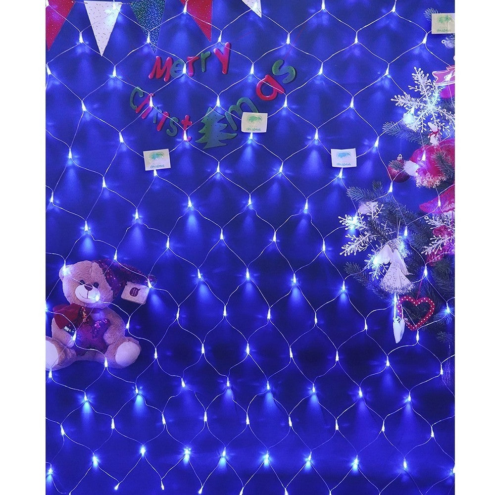 Instalatie Craciun, Tip Plasa, IP 44, 28 x 1 m, 1120 LED-uri, Albastru, 8 jocuri de lumini, Transformator cu telecomanda, Interconectabila, Prelungitor 5 m inclus, Fir transparent