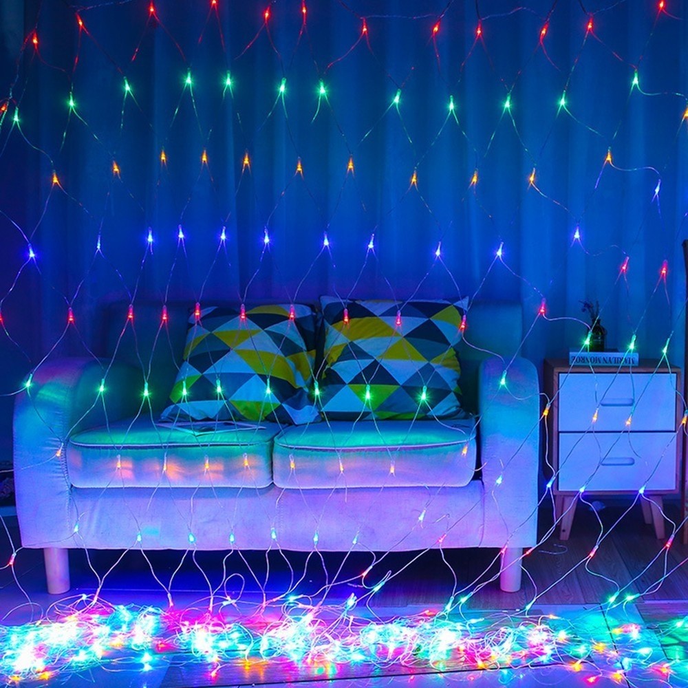 Instalatie Craciun, Tip Plasa, IP 44, 30 x 1 m, 1200 LED-uri, Multicolor, 8 jocuri de lumini, Transformator cu telecomanda, Interconectabila, Prelungitor 3 m inclus, Fir transparent