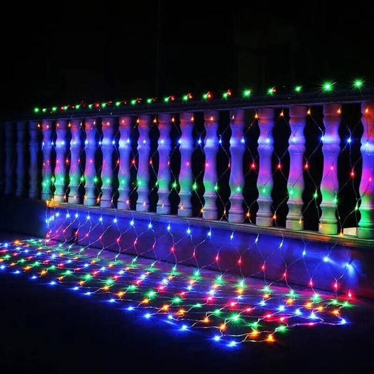 Instalatie Craciun, Tip Plasa, IP 44, 30 x 1 m, 1200 LED-uri, Multicolor, 8 jocuri de lumini, Transformator cu telecomanda, Interconectabila, Prelungitor 5 m inclus, Fir transparent