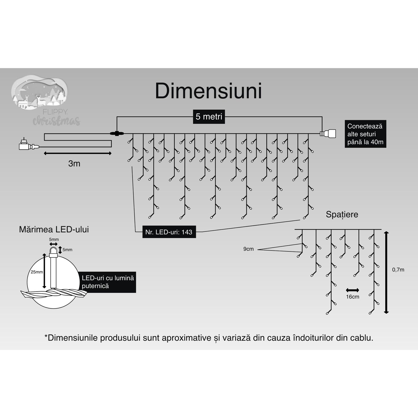 Instalatie Craciun Turturi, IP44, 5 m, 143 Led-uri ,Perdea Franjurata, Alb cald, 8 jocuri de lumini, Transformator 31 V, Putere 9 W, Interconectabila, Interior/Exterior, Prelungitor 3 m inclus, Fir Transparent