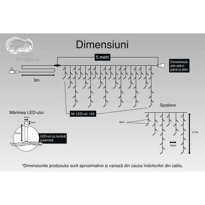 Instalatie Craciun Turturi, IP44, 5 m, 143 Led-uri ,Perdea Franjurata, Alb cald, 8 jocuri de lumini, Transformator 31 V, Putere 9 W, Interconectabila, Interior/Exterior, Prelungitor 3 m inclus, Fir Transparent