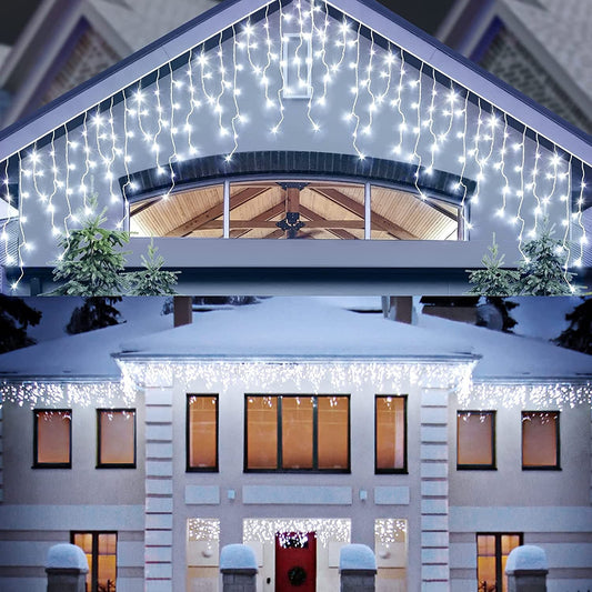 Instalatie Craciun Turturi, IP44, 5 m, 143 Led-uri ,Perdea Franjurata, Alb rece, 8 jocuri de lumini, Transformator 31 V, Putere 9 W, Interconectabila, Interior/Exterior, Prelungitor 3 m inclus, Fir Alb