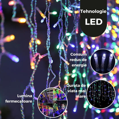 Instalatie Craciun Yoto, Tip Franjuri/Turturi, 4 m, 120 LED-uri, Prelungitor 1.5 m, 8 Jocuri de Lumini, Interconectabila, Conectare la Retea, Fir transparent, Interior/Exterior, Multicolor