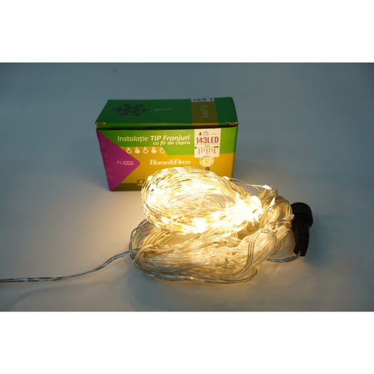 Instalatie de Craciun® Tip Turturi, Franjuri cu 8 jocuri de lumini, Sectiune 5 m, 143 LED-uri, Interconectabila, Fir Cupru, Alb Cald