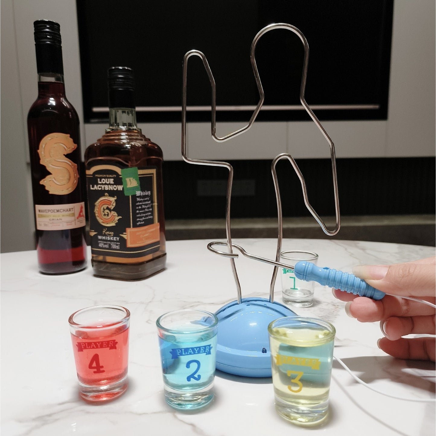 Joc de baut, Buzz Wire, pentru Petreceri, Distractie, Pahare de Shot din Sticla Incluse, 4 Jucatori, Multicolor