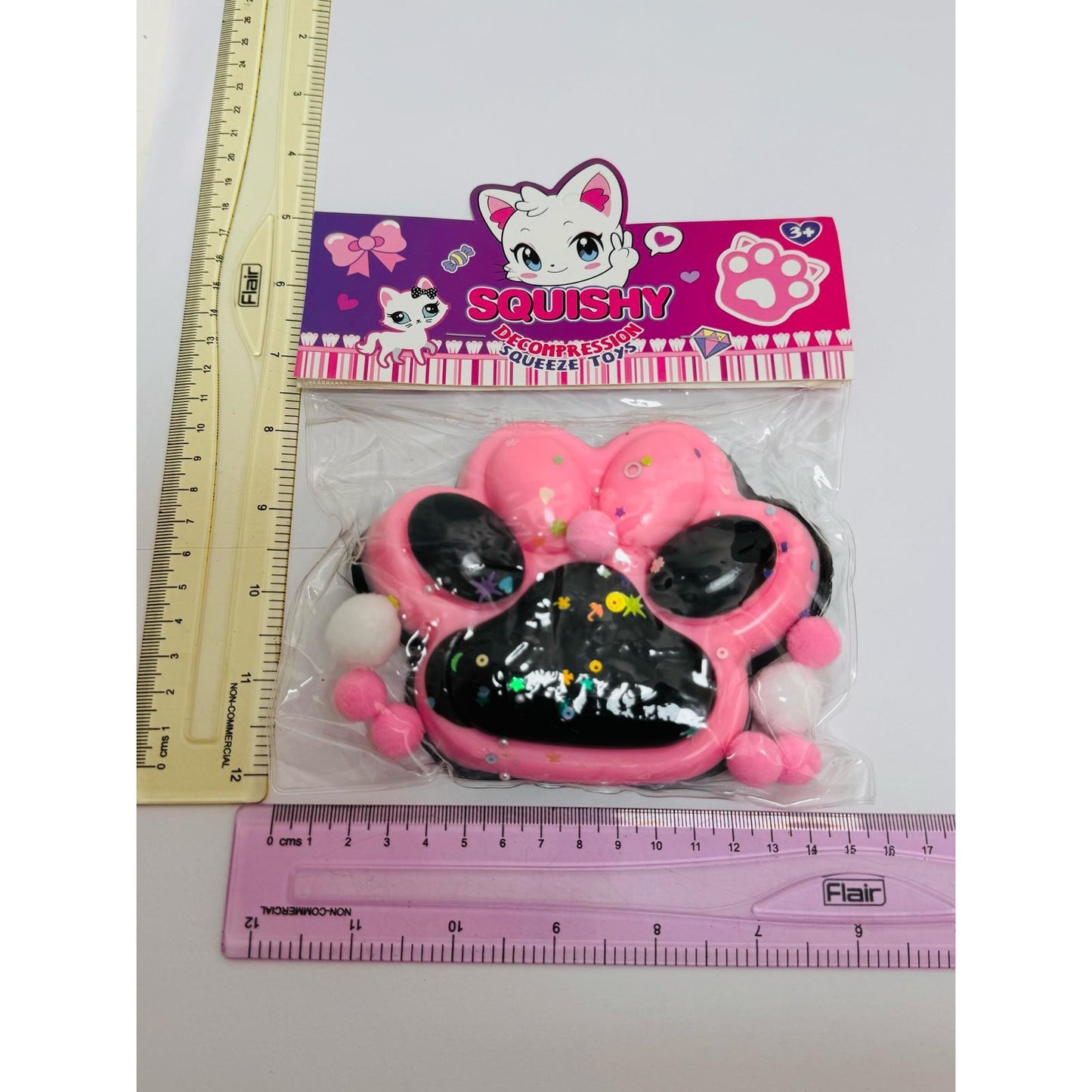 Jucarie Antistres Squishy, cu Revenire Lenta, Model Labuta de Pisica, cu Stelute, 12 cm, 220g, Pinch Family, Ambalaj Transparent, Roz Negru