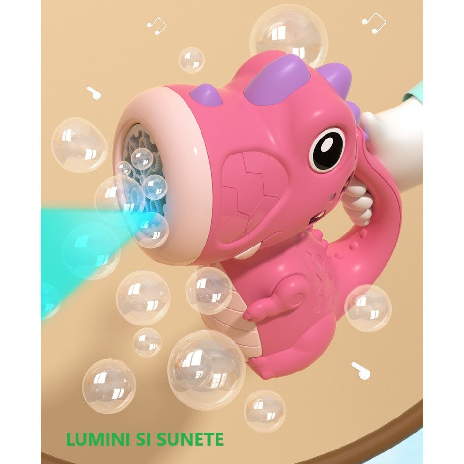Jucarie Interactiva pentru Baloane de Sapun, Sunete si Lumini, Model Dinozaur, cu 8 Orificii, 15 x 8.5 x 18.5, Roz