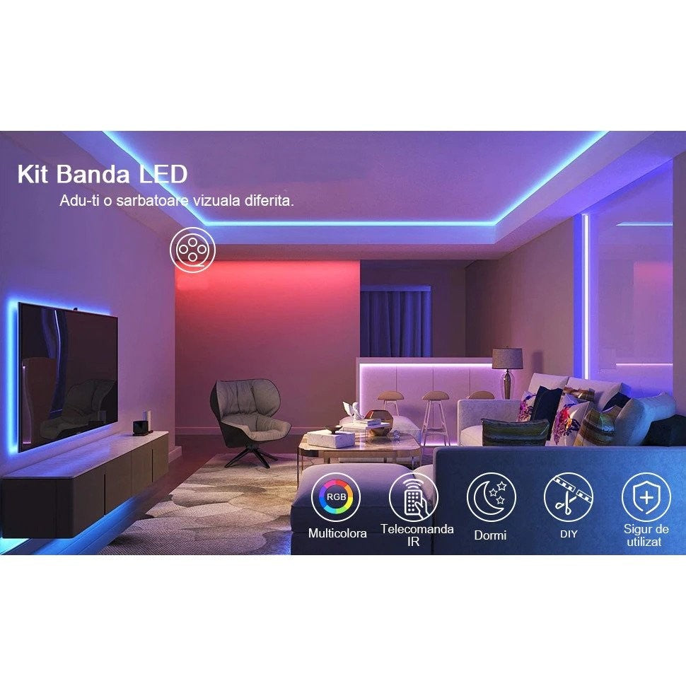 Kit Banda Led RGB SMD 5050 cu Transformator inclus - Lungime 5 M, 270 LED-uri, Telecomanda 44 taste, pentru TV, PC, Auto, IP65, Lumina Ambientala
