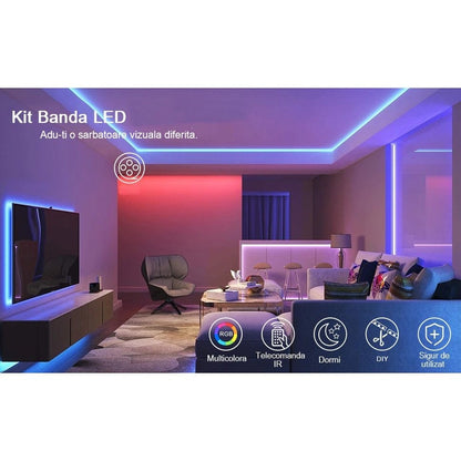 Kit Banda Led RGB SMD 5050 cu Transformator inclus - Lungime 5 M, 270 LED-uri, Telecomanda 44 taste, pentru TV, PC, Auto, IP65, Lumina Ambientala