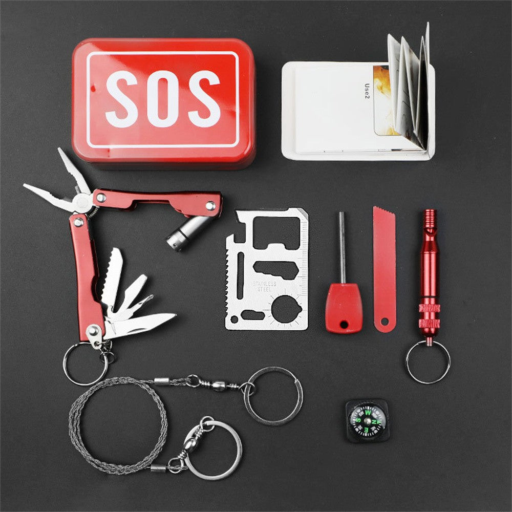 Kit supravietuire multifunctional, Instrumente profesionale, tip cutie, pentru Camping, Drumetii, Aventuri in aer liber, borseta inclusa, rosu
