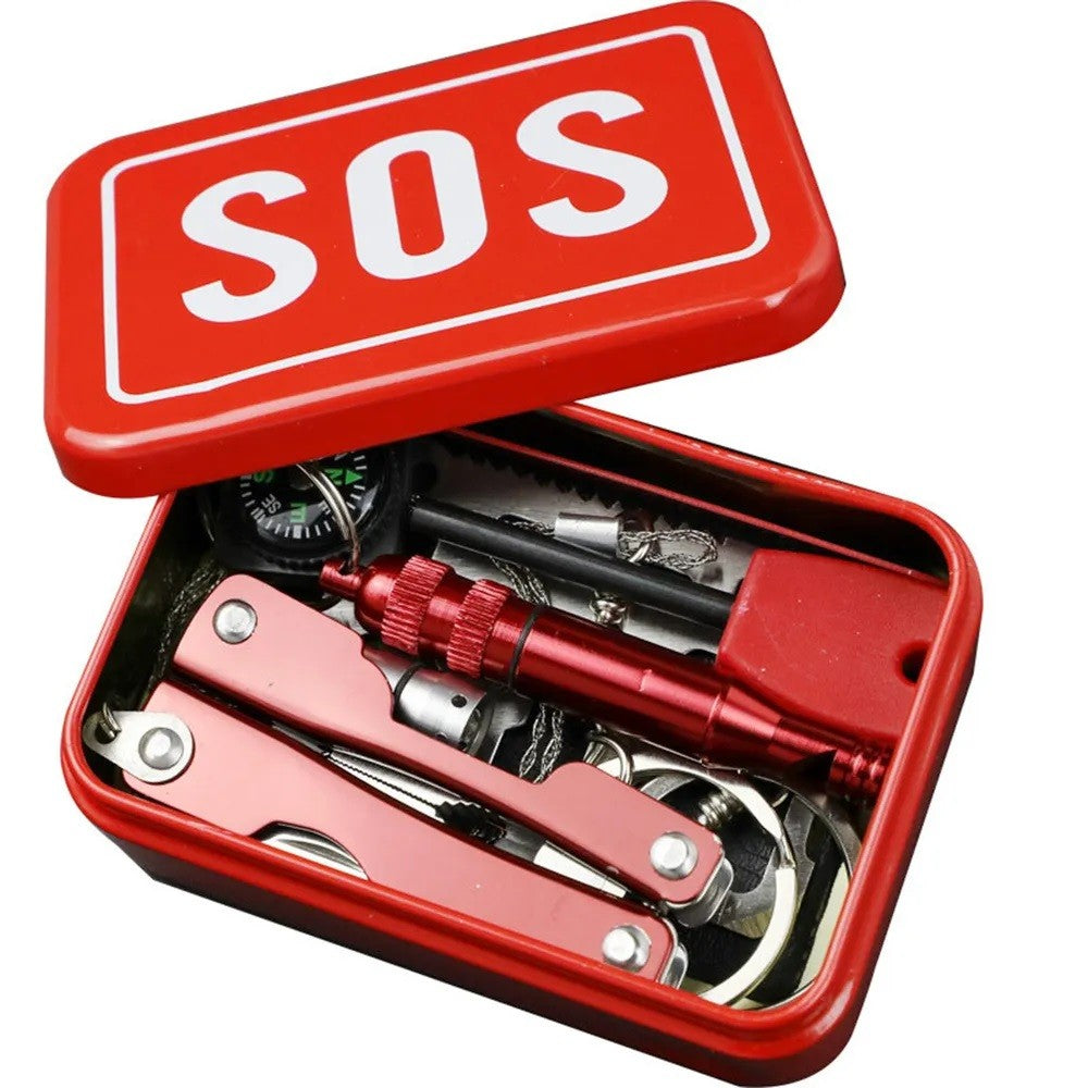 Kit supravietuire multifunctional, Instrumente profesionale, tip cutie, pentru Camping, Drumetii, Aventuri in aer liber, borseta inclusa, rosu
