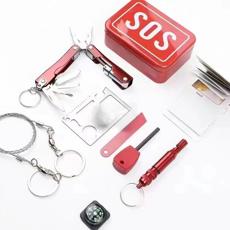 Kit supravietuire multifunctional, Instrumente profesionale, tip cutie, pentru Camping, Drumetii, Aventuri in aer liber, borseta inclusa, rosu