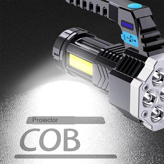 Lanterna LED Lumina Puternica, Rezistenta la Apa, Tip Proiector COB, Lanternă Reincarcabila, USB, cu Maner pentru Drumetii, Lanterna de Urgenta, Aer Liber, 14.1 x 6.4 cm, Culoare Negru cu Comutator Albastru