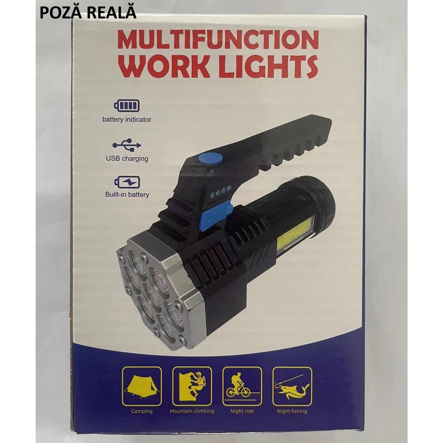 Lanterna LED Lumina Puternica, Rezistenta la Apa, Tip Proiector COB, Lanternă Reincarcabila, USB, cu Maner pentru Drumetii, Lanterna de Urgenta, Aer Liber, 14.1 x 6.4 cm, Culoare Negru cu Comutator Albastru
