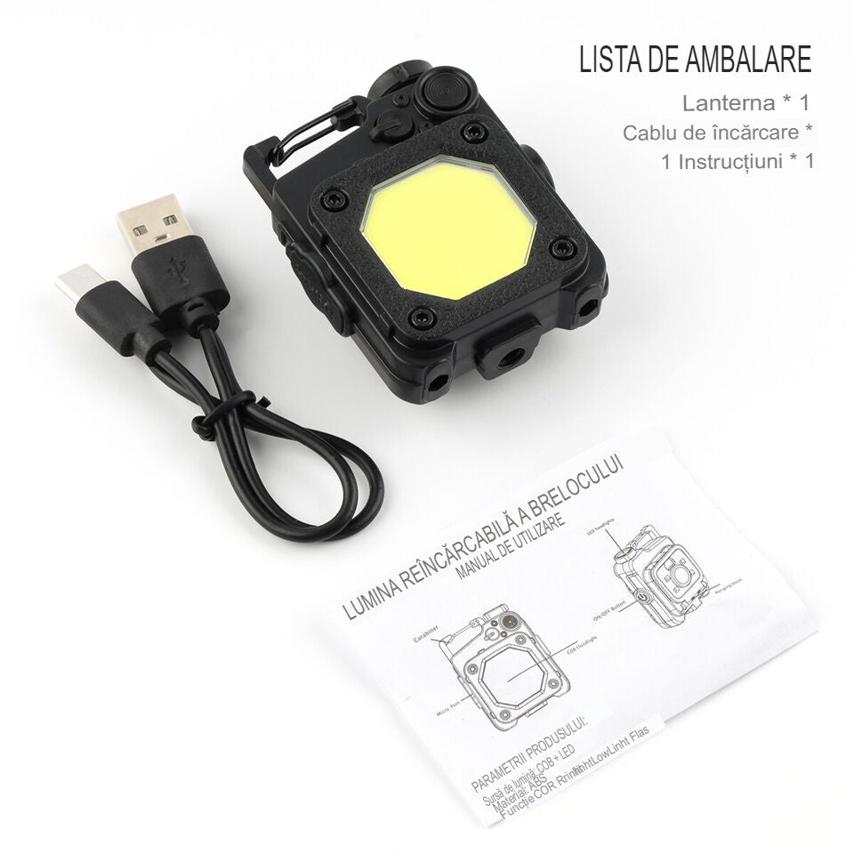 Lanterna Mini de Buzunar Tip Breloc, Incarcare prin USB Type C, Multifunctionala, pentru Exterior, Camping, Alpinism, Ciclism, Mini Lanterna Elvis, 6.1 x 5 x 2.5 cm, Lumina Puternica, Culoare Negru