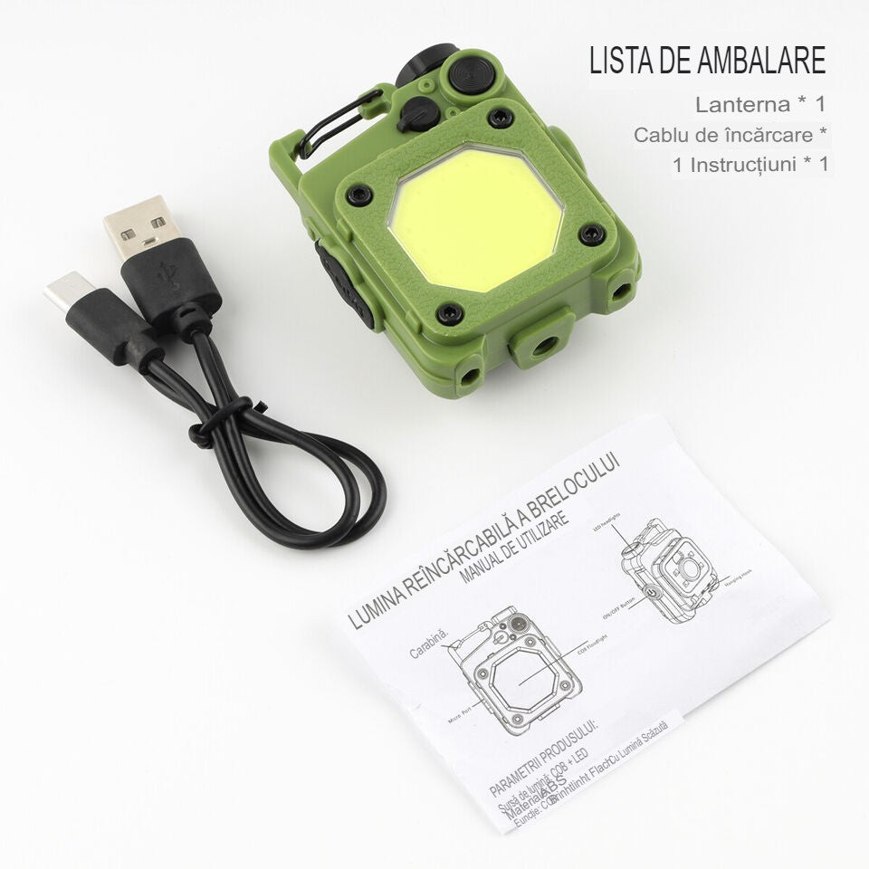 Lanterna Mini de Buzunar Tip Breloc, Incarcare prin USB Type C, Multifunctionala, pentru Exterior, Camping, Alpinism, Ciclism, Mini Lanterna Elvis, 6.1 x 5 x 2.5 cm, Lumina Puternica, Culoare Verde