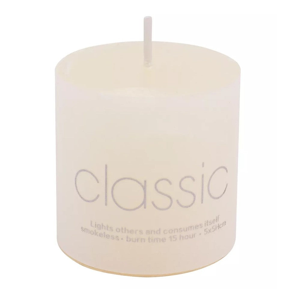 Lumanare Decorativa, din Parafina, Cilindrica, Fara Fum si Fara Parfum, 5 x 5 cm, 90 g, Ardere 12h, Ivory Alb