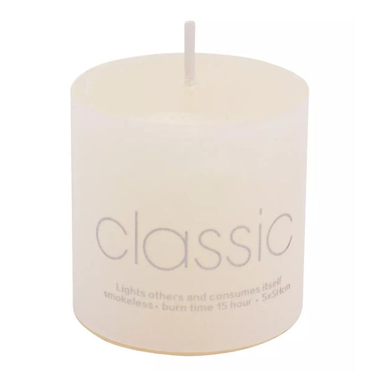 Lumanare Decorativa, din Parafina, Cilindrica, Fara Fum si Fara Parfum, 5 x 5 cm, 90 g, Ardere 12h, Ivory Alb