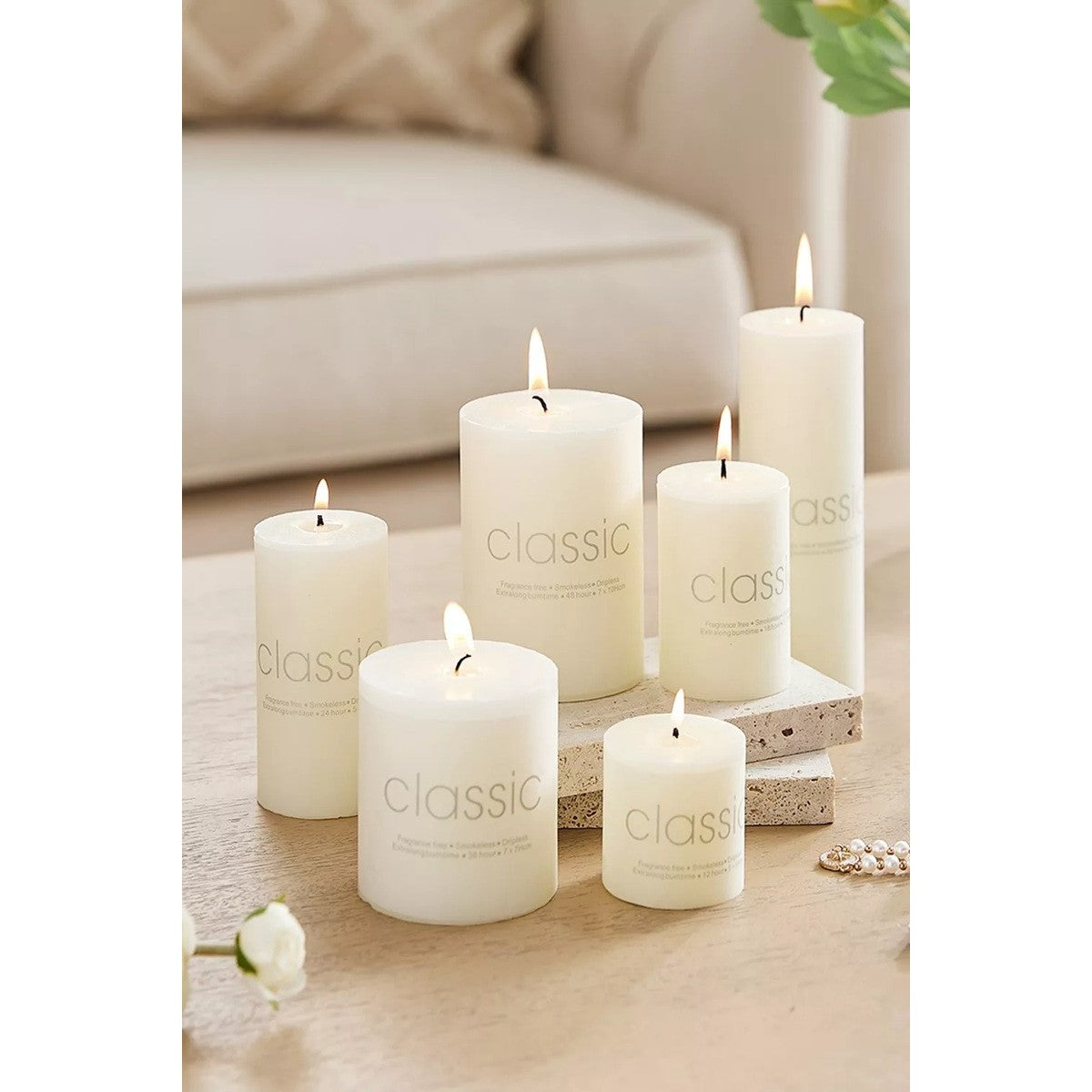 Lumanare Decorativa, din Parafina, Cilindrica, Fara Fum si Fara Parfum, 7 x 7 cm, 260 g, Ardere 36h, Ivory Alb
