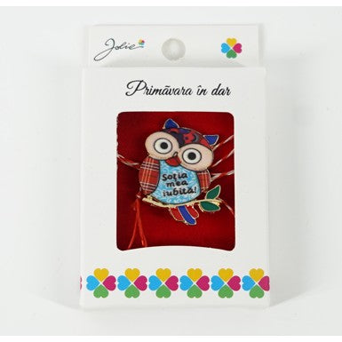 Martisor Brosa Mica in Cutie, Dimensiune Brosa 2.5-3 cm, Material Metal, Model Bufnita "Sotia mea iubita"