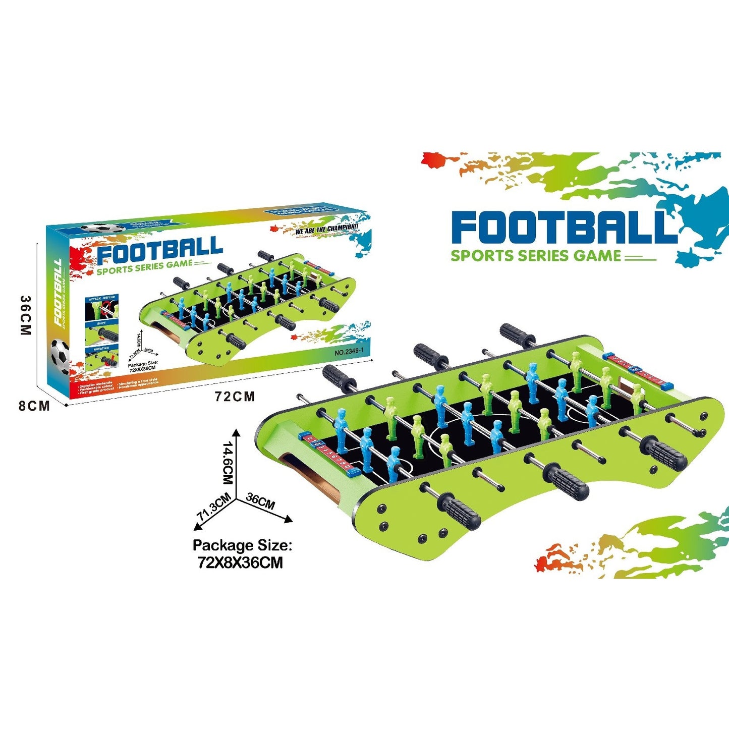 Masa de Fotbal cu Teren, fara Picioare, 6 Manere, Tablou de Scor, 71.3 x 10 x 36 cm, din Lemn/Otel/Metal, Verde