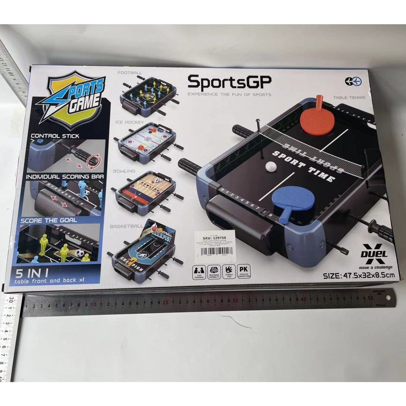 Masa de Joc 5in1 , cu Teren Schimbabil de Fotbal, Basket, Bowling, Curling si Hockey, cu Tablou Scor, din ABS, 47.5x32x8.5 cm, Design Multicolor, pentru Copii/ Adulti
