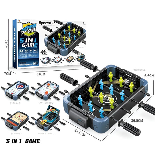 Masa de Joc 5in1 , cu Teren Schimbabil de Fotbal, Basket, Bowling, Curling si Hockey, cu Tablou Scor, din ABS, 36.5x22.5x6.6 cm, Design Multicolor, pentru Copii/ Adulti