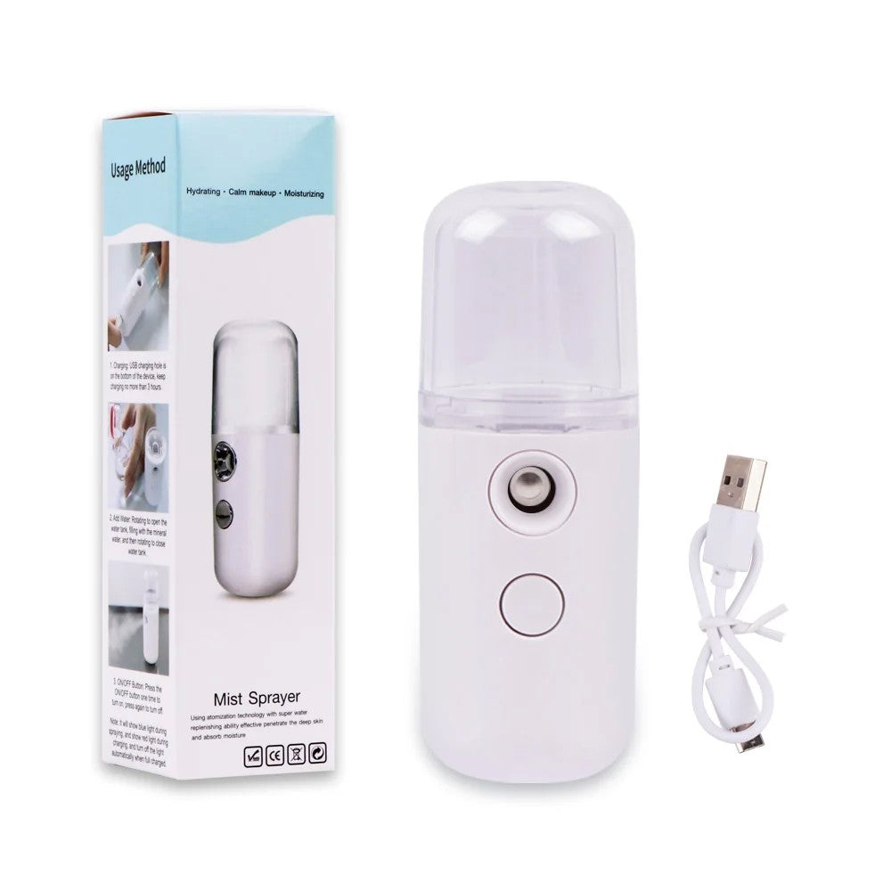Spray de Hidratare Facială cu Tehnologie Nano, Hidratare, Igienizare, Abur Rece, Încărcare USB, Capacitate 30 mL, 10cm, Alb