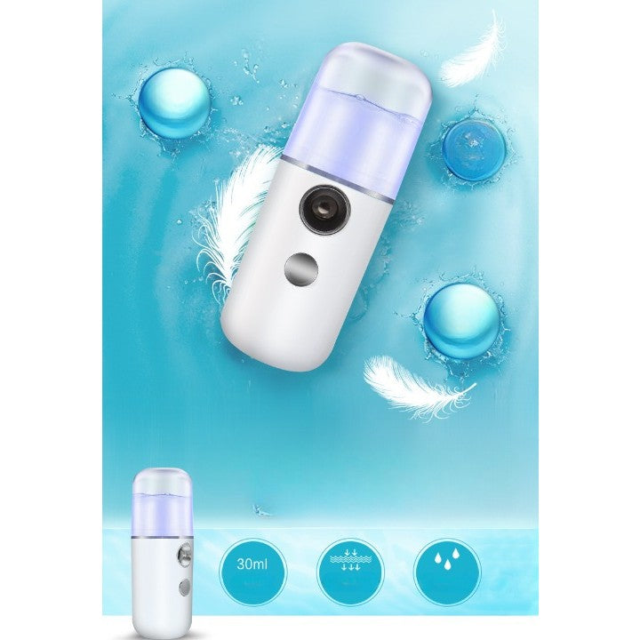 Spray de Hidratare Facială cu Tehnologie Nano, Hidratare, Igienizare, Abur Rece, Încărcare USB, Capacitate 30 mL, 10cm, Alb