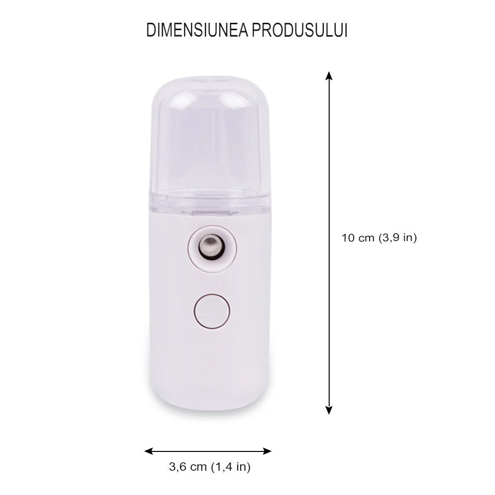 Spray de Hidratare Facială cu Tehnologie Nano, Hidratare, Igienizare, Abur Rece, Încărcare USB, Capacitate 30 mL, 10cm, Alb