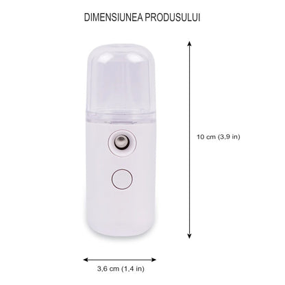 Spray de Hidratare Facială cu Tehnologie Nano, Hidratare, Igienizare, Abur Rece, Încărcare USB, Capacitate 30 mL, 10cm, Alb