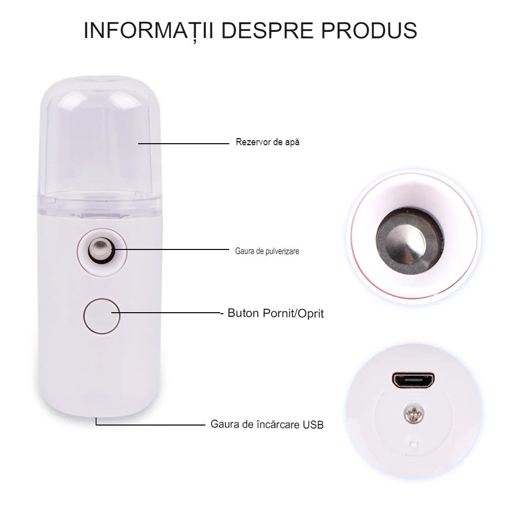 Spray de Hidratare Facială cu Tehnologie Nano, Hidratare, Igienizare, Abur Rece, Încărcare USB, Capacitate 30 mL, 10cm, Alb