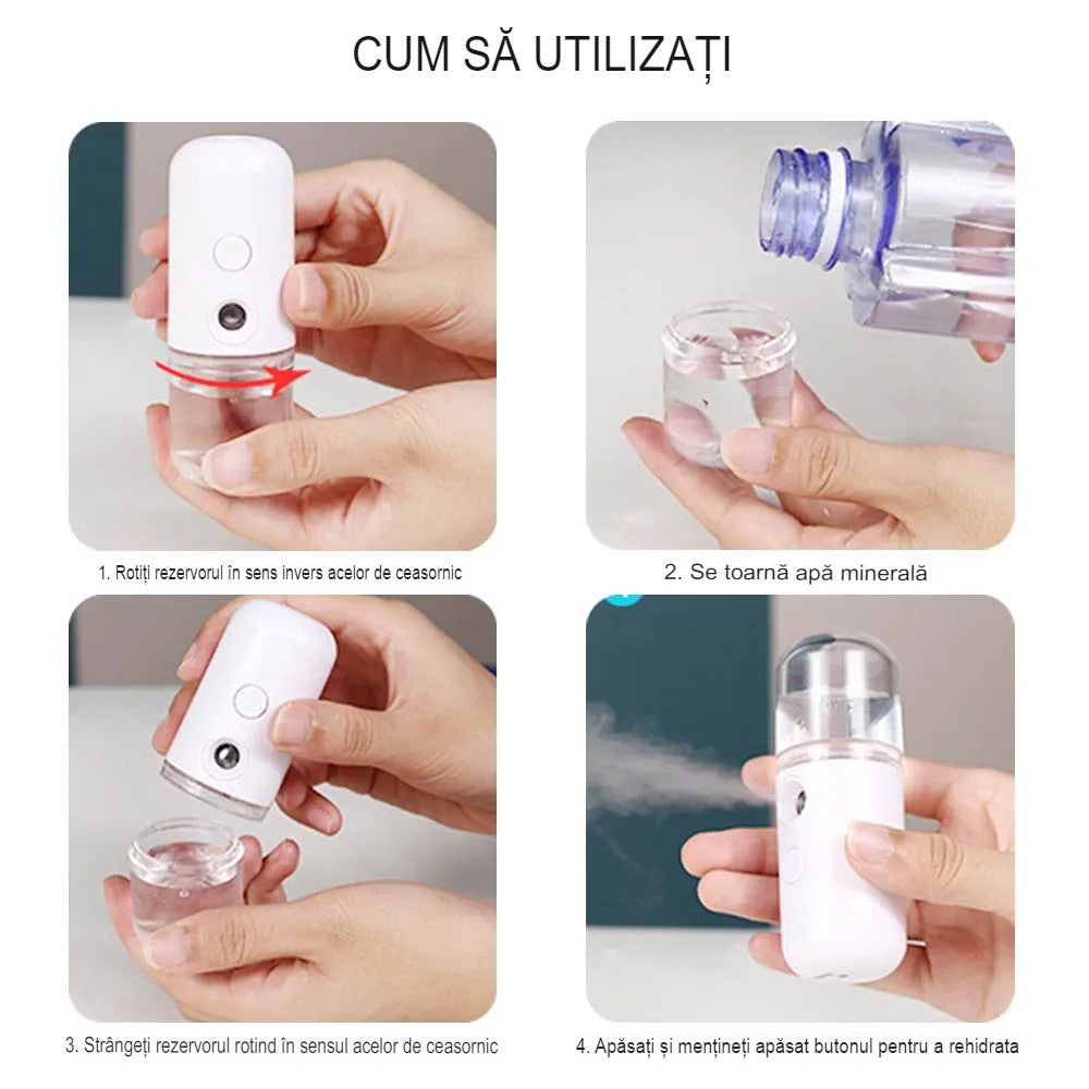 Spray de Hidratare Facială cu Tehnologie Nano, Hidratare, Igienizare, Abur Rece, Încărcare USB, Capacitate 30 mL, 10cm, Alb