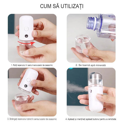 Spray de Hidratare Facială cu Tehnologie Nano, Hidratare, Igienizare, Abur Rece, Încărcare USB, Capacitate 30 mL, 10cm, Alb