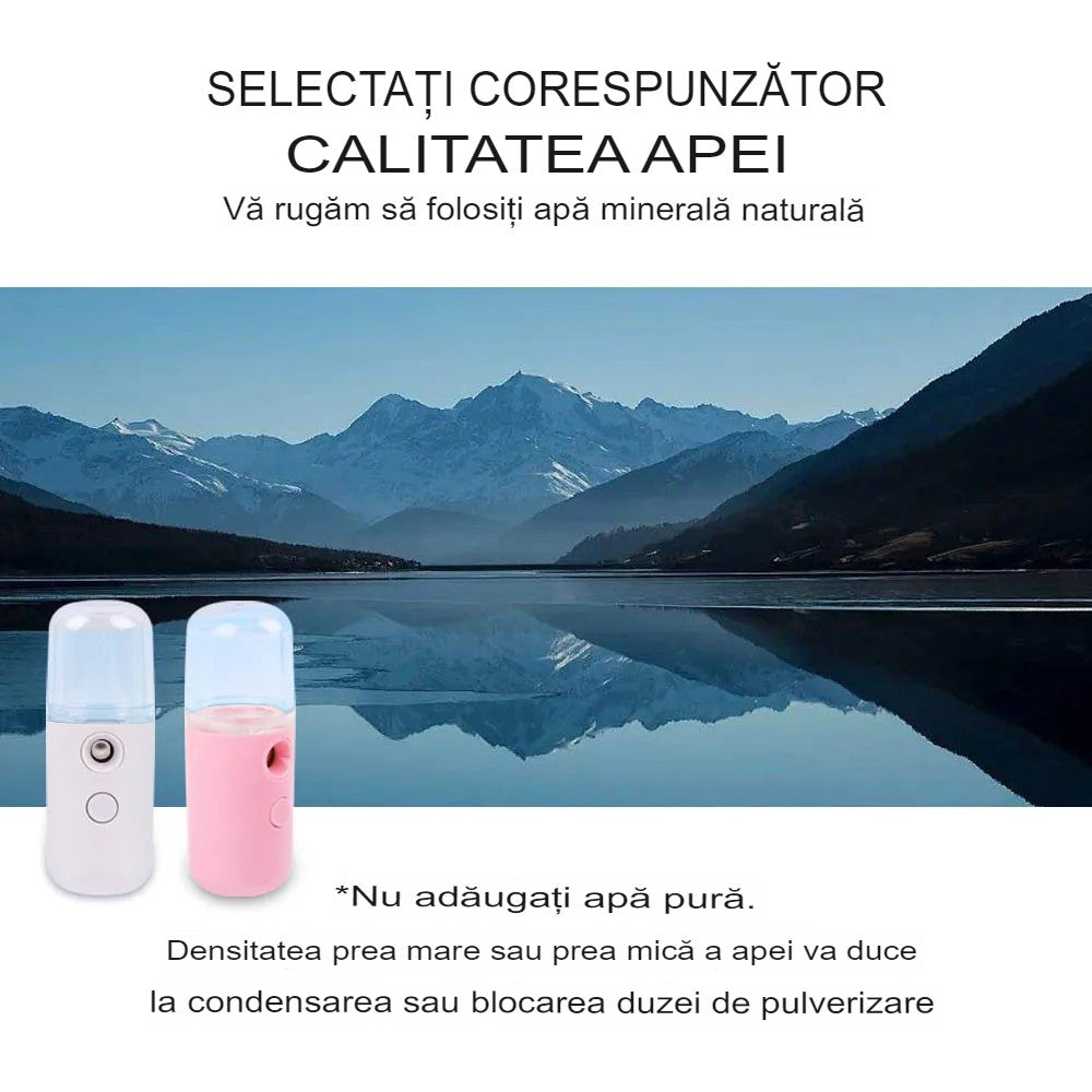 Spray de Hidratare Facială cu Tehnologie Nano, Hidratare, Igienizare, Abur Rece, Încărcare USB, Capacitate 30 mL, 10cm, Alb