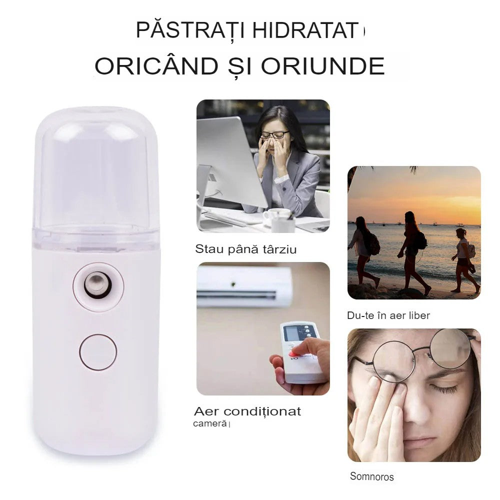 Spray de Hidratare Facială cu Tehnologie Nano, Hidratare, Igienizare, Abur Rece, Încărcare USB, Capacitate 30 mL, 10cm, Alb