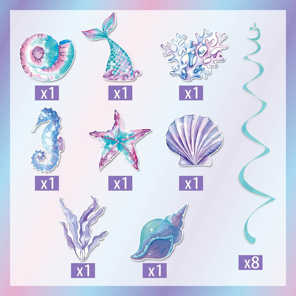 Set 8 Decoratiuni pentru Petrecere Sirena, Colectia Mermaid, Panglici Incluse, Multicolor