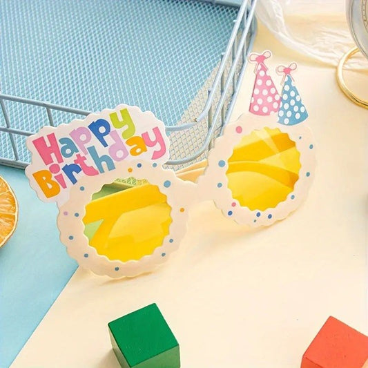 Ochelari Decorativi, pentru Petrecere, din ABS, Unisex, Model Happy Birthday, 13.5 x 8.5 cm, Bej cu Lentile Galbene
