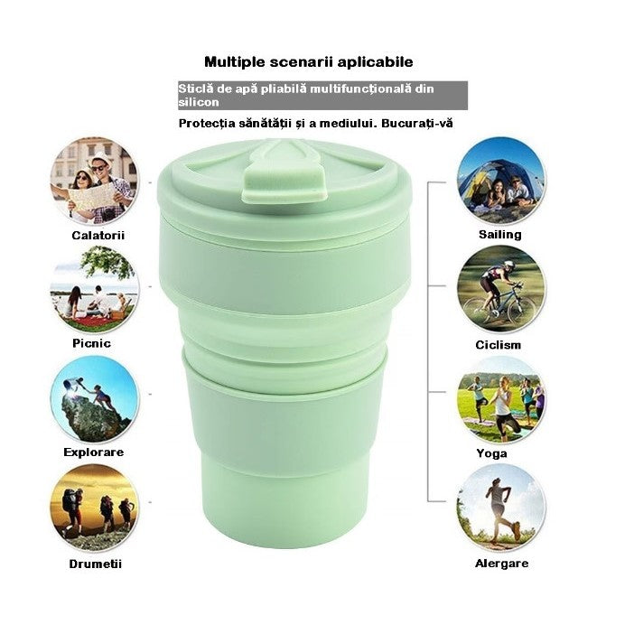 Pahar pliabil din silicon, pentru calatorii, camping, 350 ml, 8.2x6.3x9.1 cm, verde