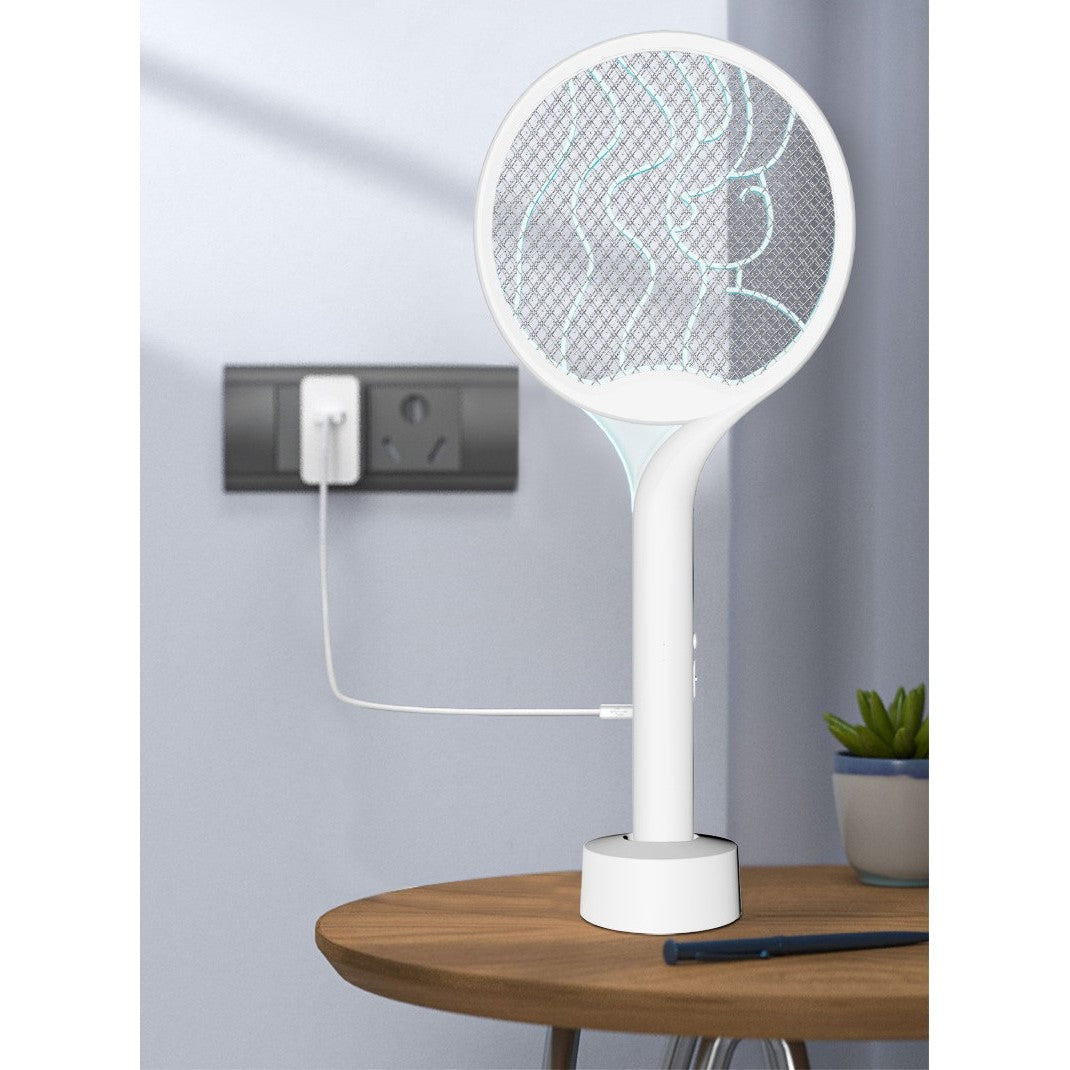 Paleta Electrica pentru Tantari, Muste si Tantari 2in1, Reincarcabila, Incarcare USB, 2600V, Plastic, Casa si Gradina, Anti-insecte, Stand, 23x51 cm, Alb